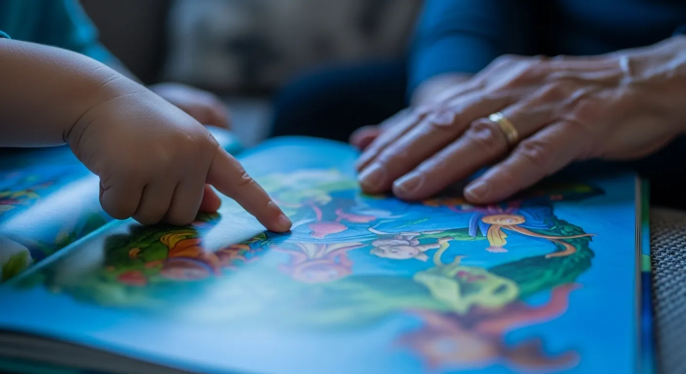 A close-up of a child's finger pointing at a book, with an older person's hand resting gently beside it on the page during twilight.