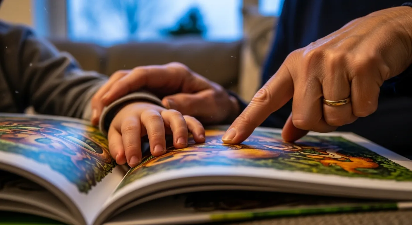 A close-up of a child's hand and a grandparent's hand on a storybook page on a sofa during twilight, showing a moment of connection.