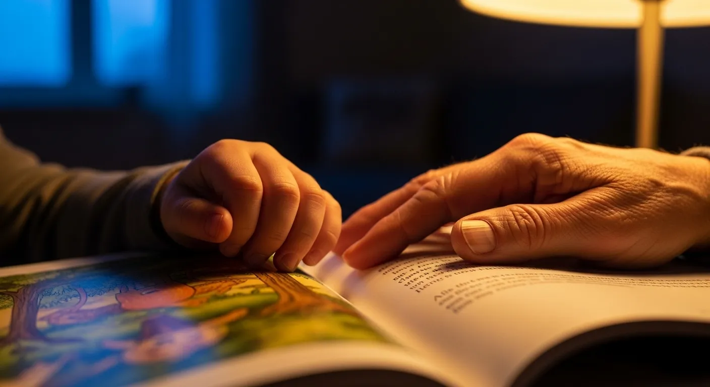 A tight macro view of an older person's hand and a child's hand resting together on the page of a book at dusk.