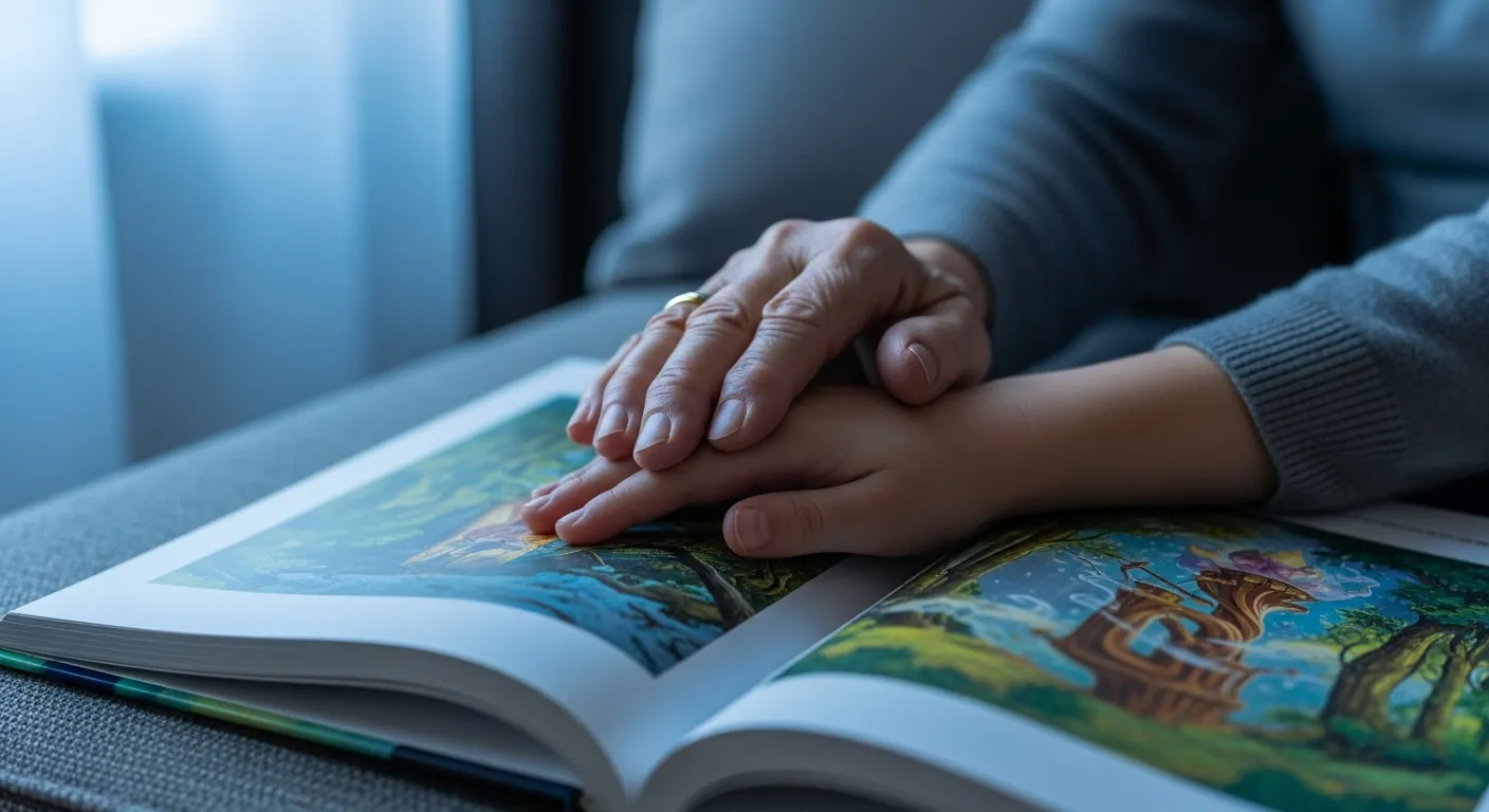 A close-up of an older person's hand and a young child's hand touching on the page of a book during a quiet evening.