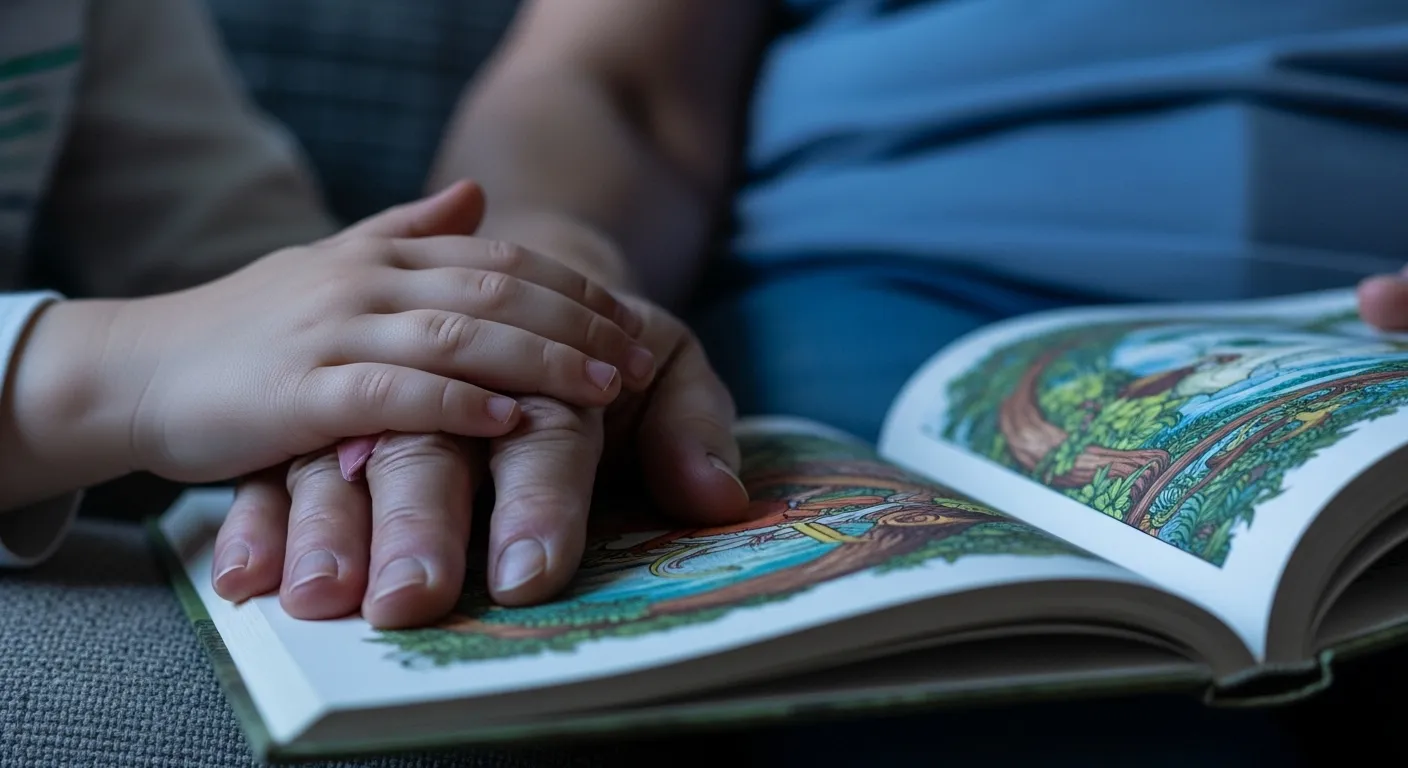 An extreme close-up of a young child's hand resting on an older adult's hand on the page of a book during twilight.