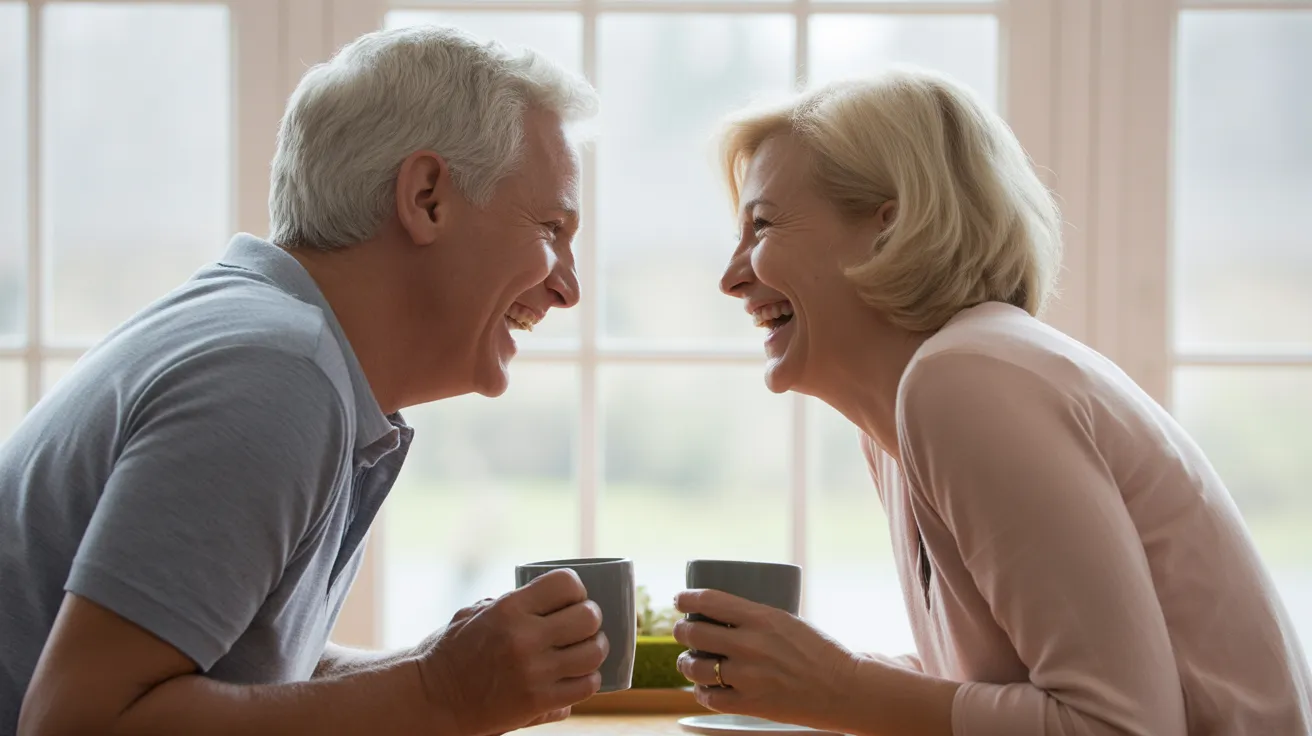 A senior man and woman in profile, sitting at a kitchen table with coffee, laughing together in a moment of shared joy lit by soft window light.