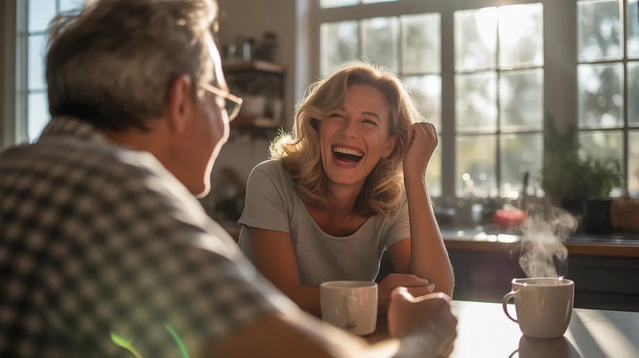 An over-the-shoulder view of a senior woman laughing heartily, seated across a kitchen table from her partner in a brightly sunlit room.