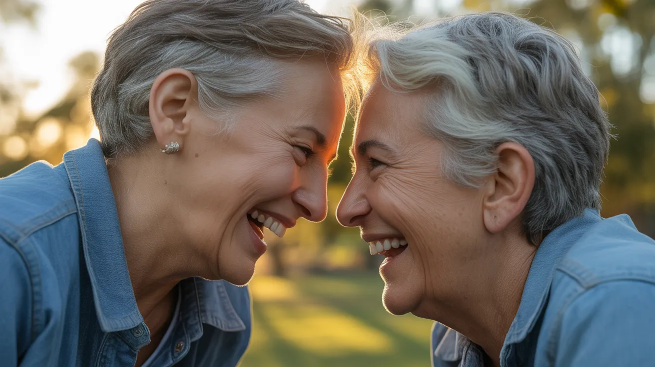 A close-up portrait of two older friends laughing together, warmly backlit by the beautiful light of the setting sun.