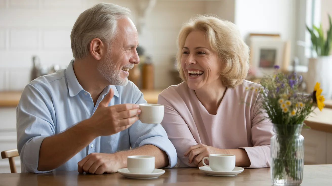 A senior man and woman laugh together while having coffee at a brightly lit kitchen table with a vase of flowers.