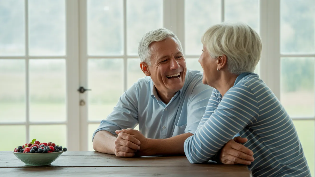 A senior man and woman laughing together while sitting across from each other at a kitchen table with coffee cups and a bowl of fresh berries.