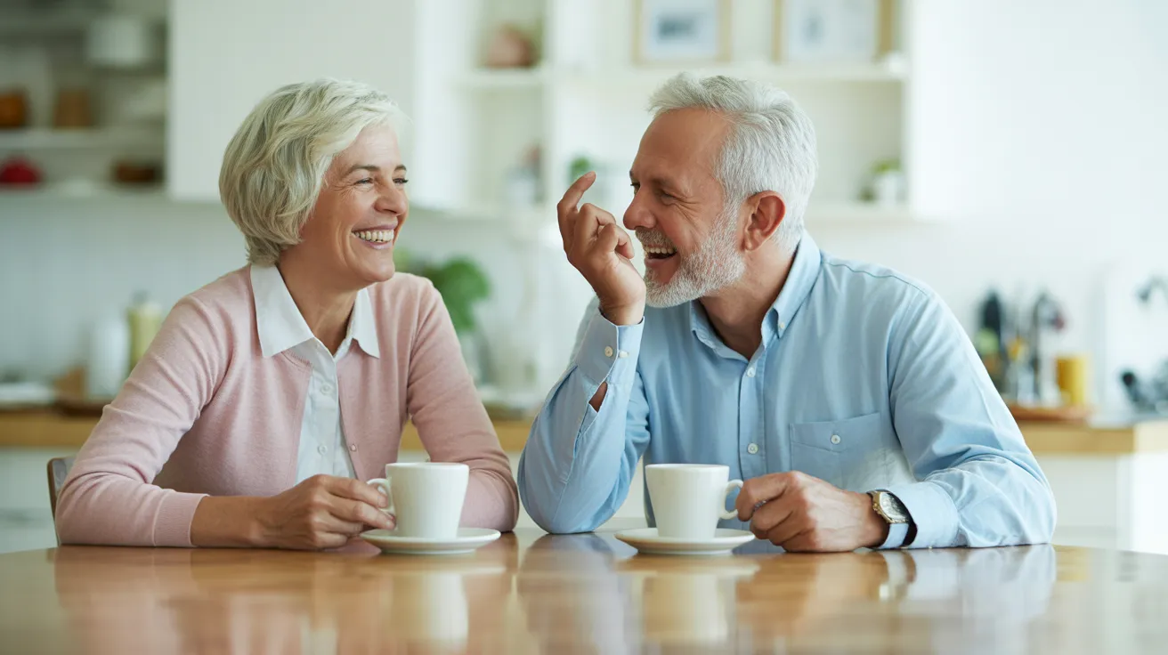 A senior man and woman share a joyful laugh while sitting opposite each other at a bright kitchen table with coffee cups.