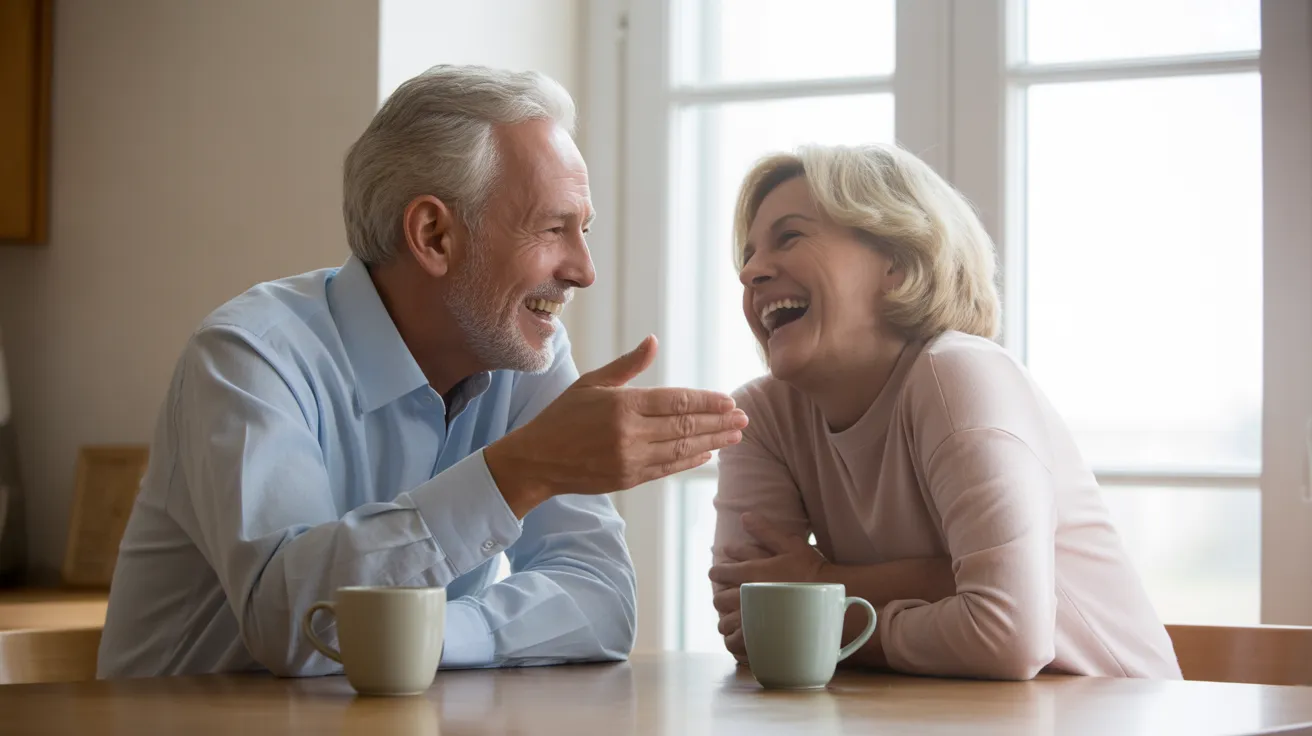 A senior couple sits at a kitchen table filled with soft natural light, laughing together expressively over their morning coffee.