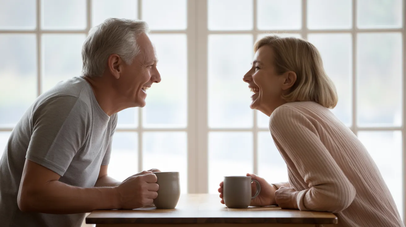 A senior couple seen in profile, laughing together over coffee at a brightly lit kitchen table.