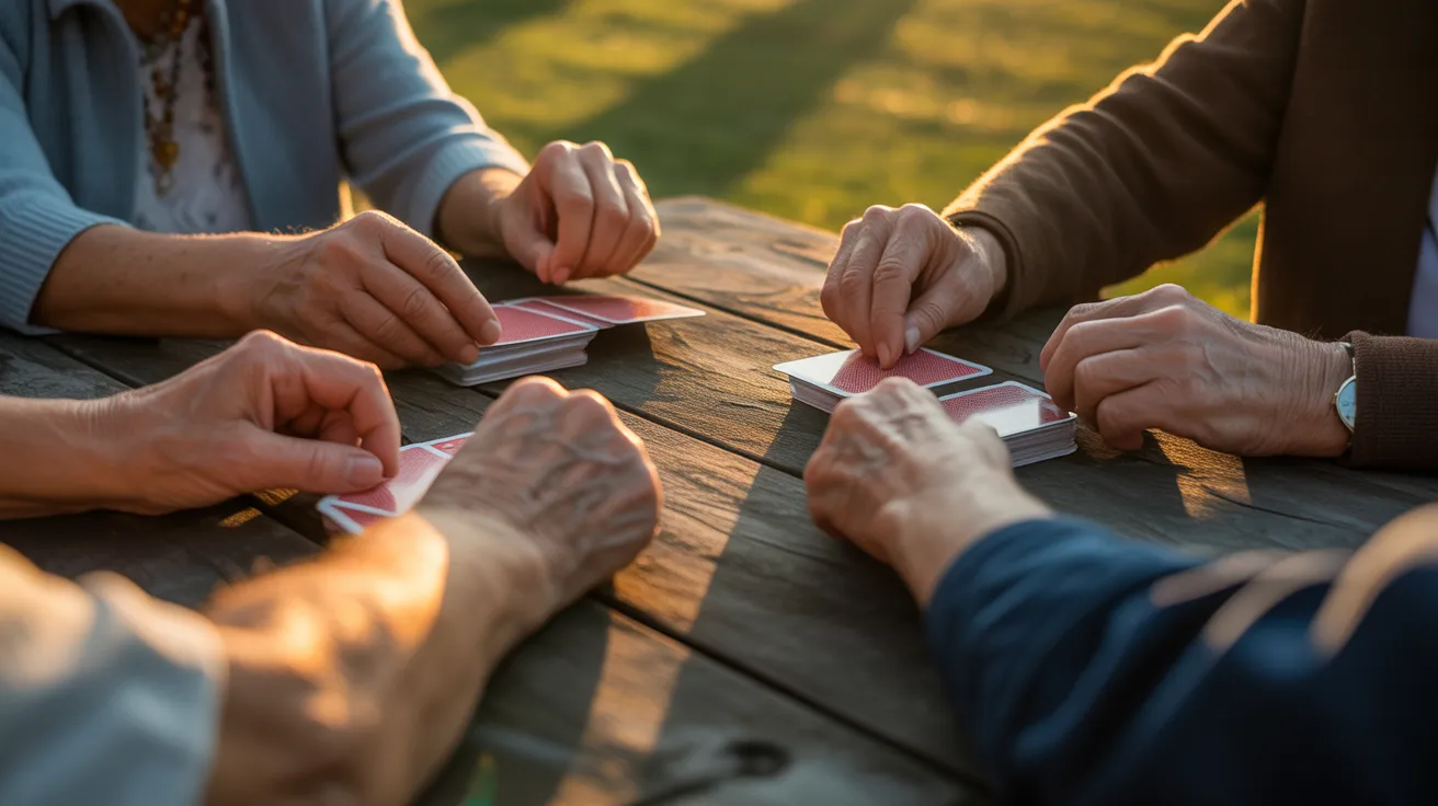 A tight top-down view of several older hands playing cards on an outdoor table during sunset, highlighting friendship and leisure.