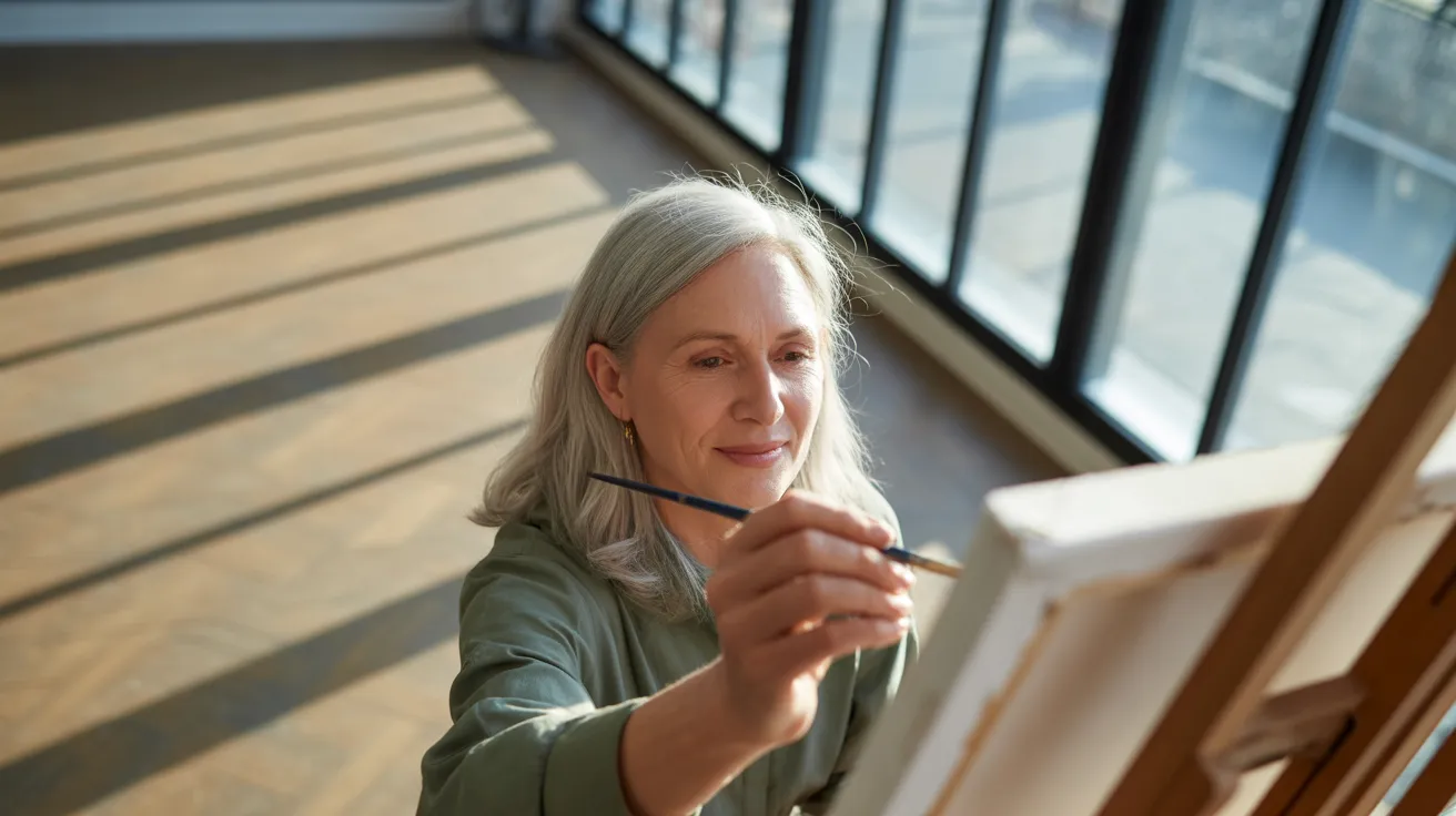 A senior woman paints at an easel in a sun-drenched studio, with strong shadows cast by the midday sun creating a dramatic, creative atmosphere.