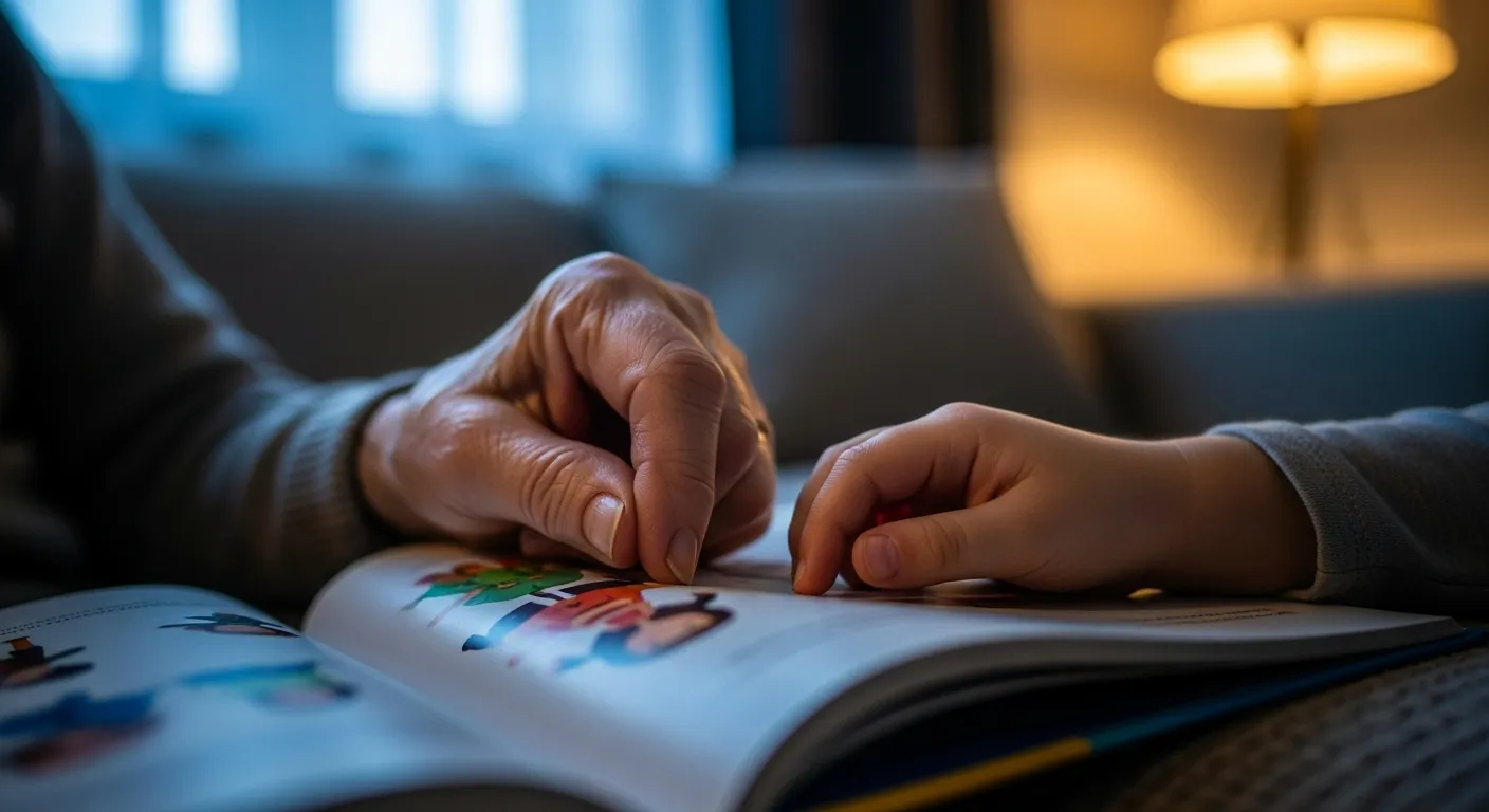 A close-up of a grandparent's and grandchild's hands touching on a book, resting on a comfortable sofa in the evening.