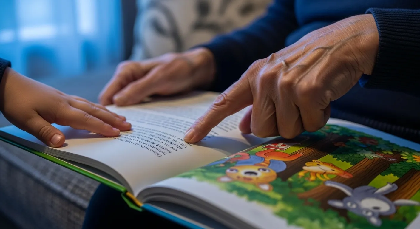 An extreme close-up of an elderly hand and a child's hand together on the open page of a storybook during a calm twilight.