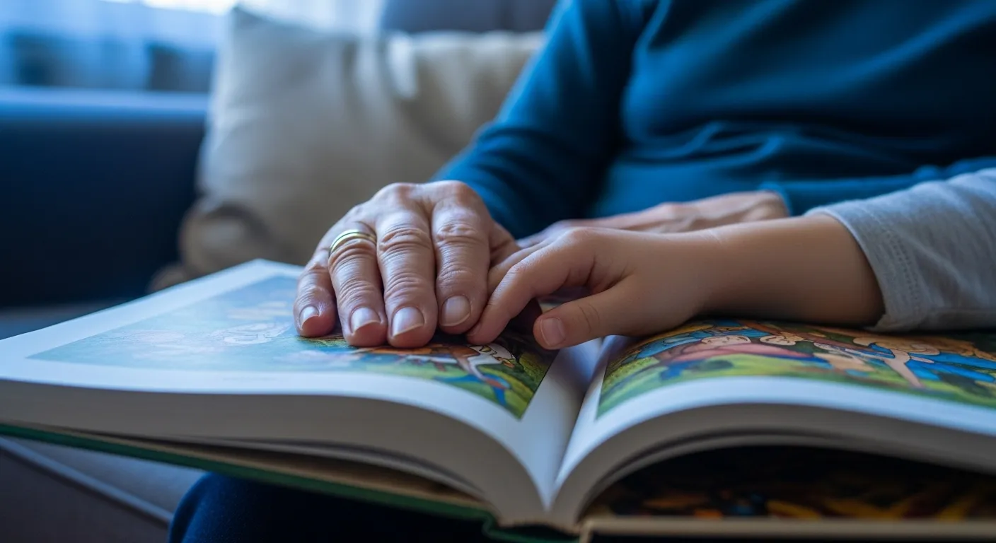 A close-up macro photo of a grandparent's and grandchild's hands resting together on an open storybook during evening story time.