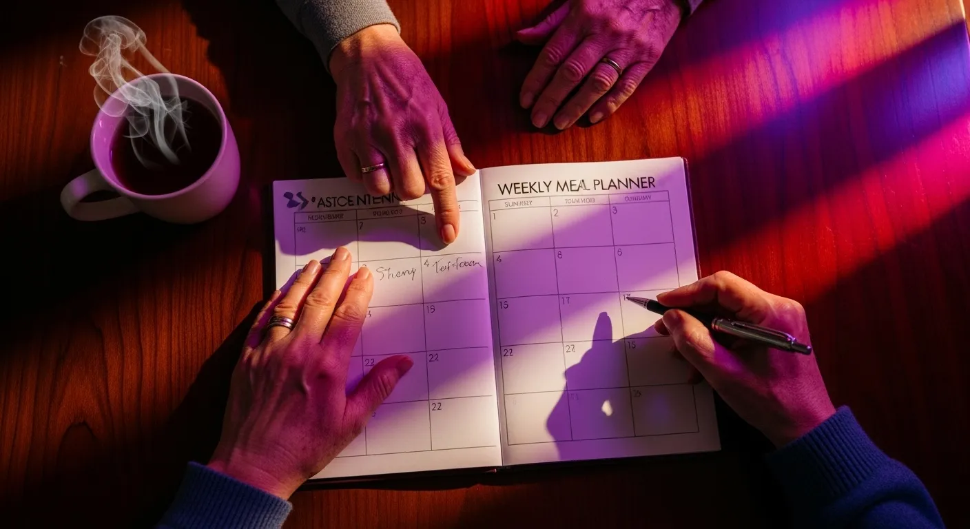 An overhead view of two sets of older hands resting on a weekly meal planner, bathed in the colorful glow of neon city lights from a window.