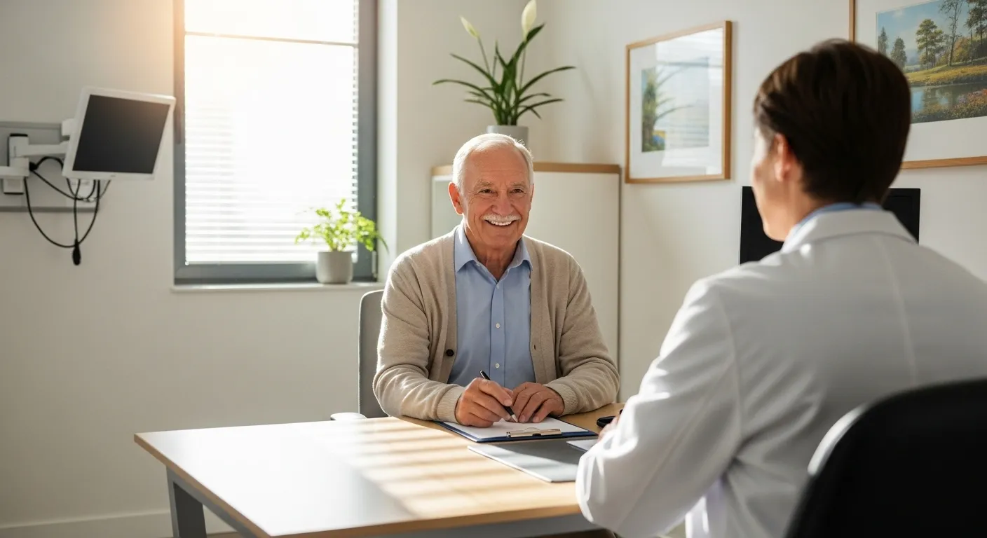 A senior man smiles while talking with his doctor in a bright, modern consultation room with a large window.
