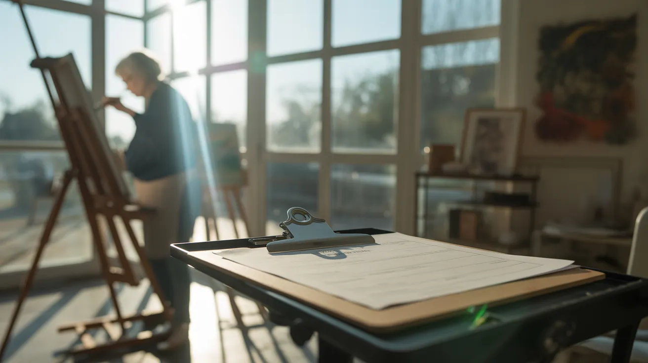 An ultra-wide view of a senior woman painting in her bright studio, with a formal document resting on a sunlit table nearby.