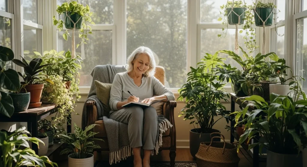A smiling senior woman writes in a journal while sitting in a comfortable chair in a beautiful, sunlit room.