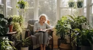 A smiling senior woman writes in a journal while sitting in a comfortable chair in a beautiful, sunlit room.
