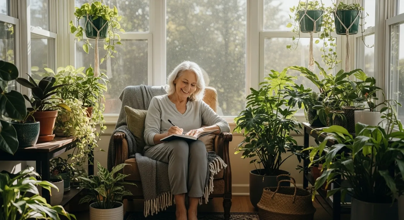 A smiling senior woman writes in a journal while sitting in a comfortable chair in a beautiful, sunlit room.