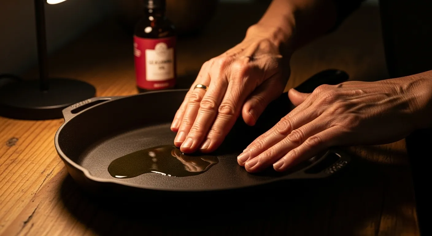 A close-up of an older person's hands carefully seasoning a new cast iron pan under the warm, focused light of an evening lamp.