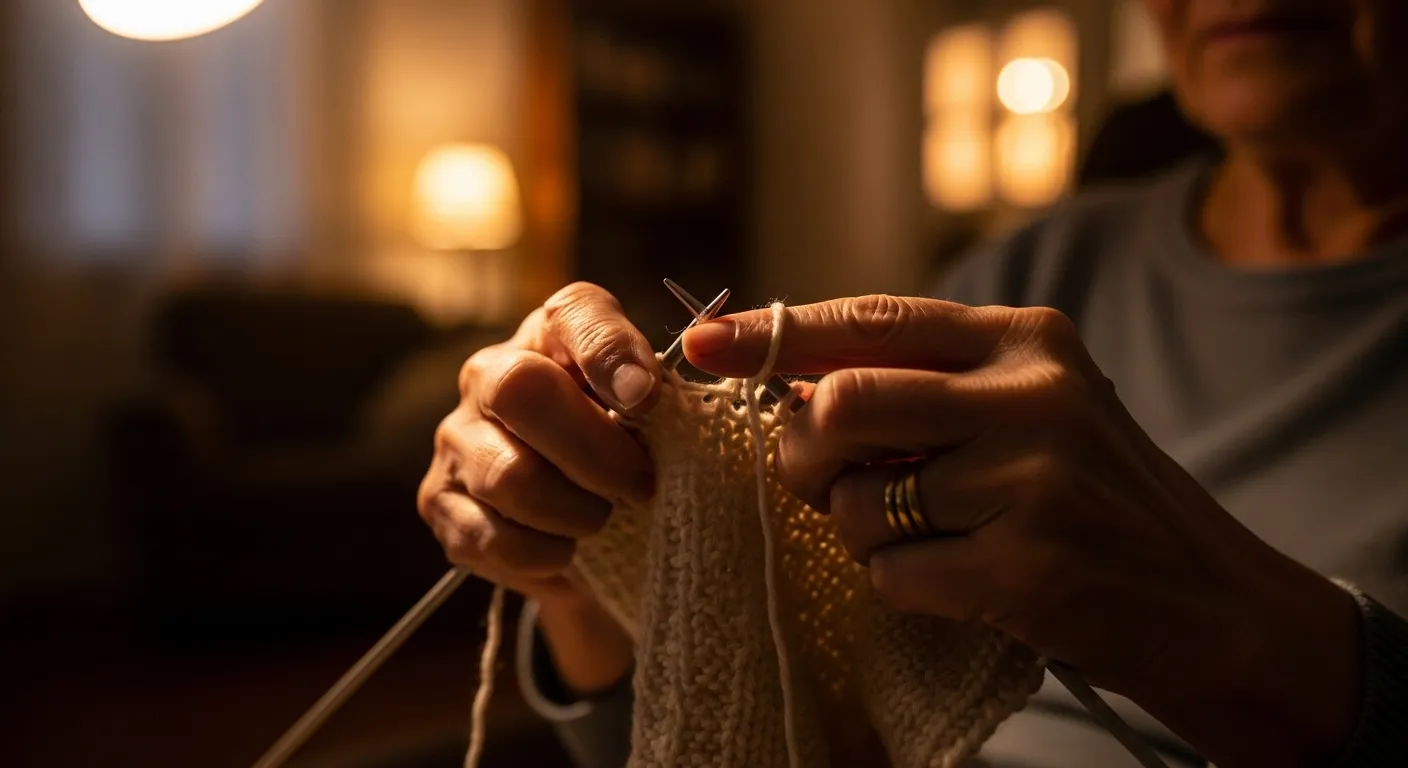 A close-up of a senior's hands expertly knitting with gentle, warm lamplight illuminating the textured yarn and needles.