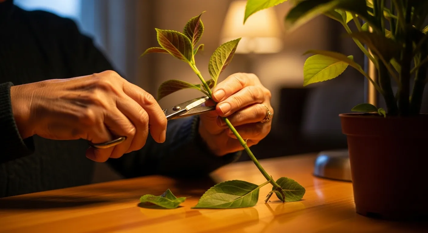 A close-up of an older person's hands using small shears to trim a leaf from a healthy green plant under warm lamplight.