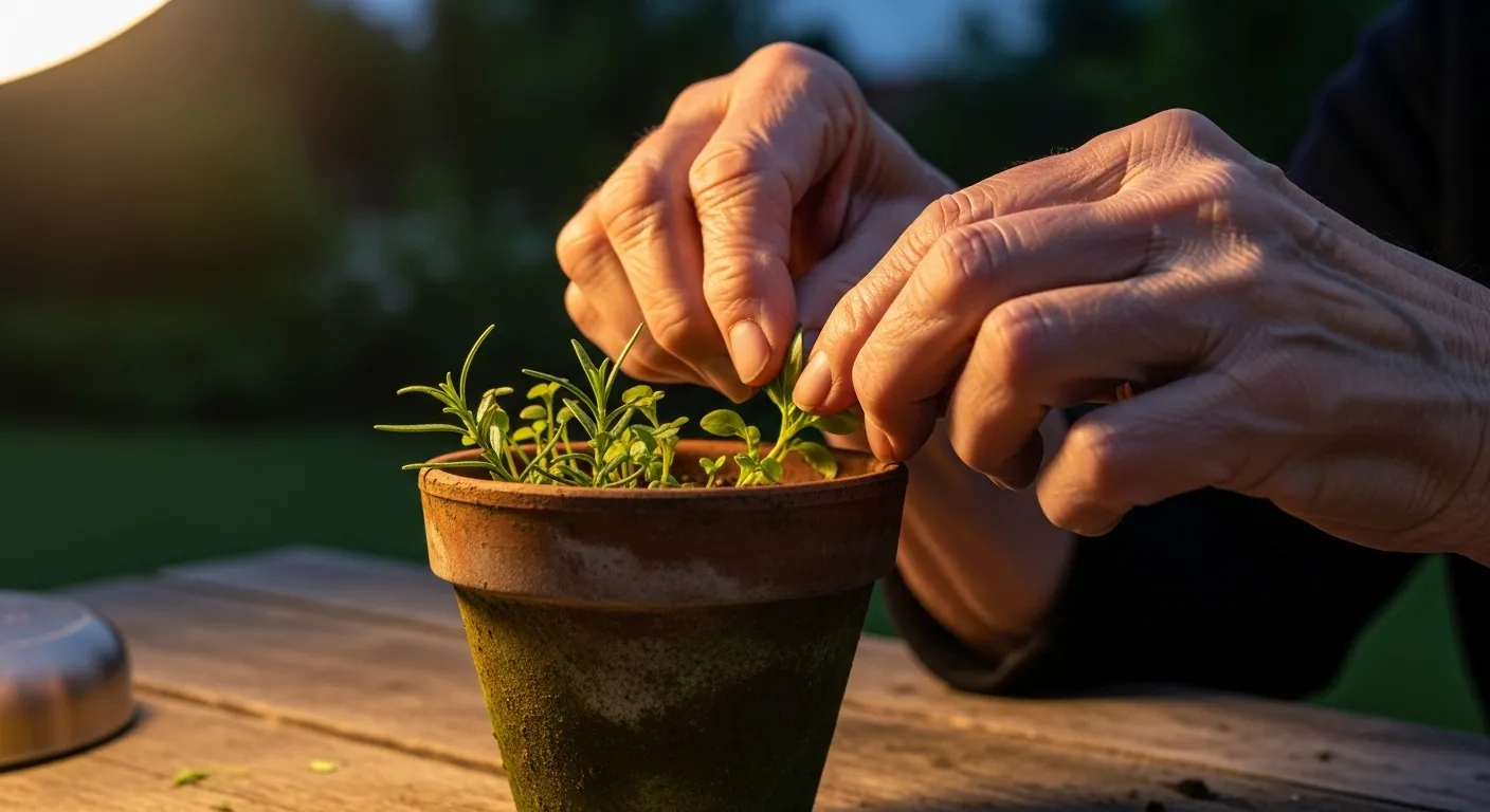 A close-up of an older person's hands carefully tending to a small green herb plant in a pot, lit by a warm, soft lamp in the evening.