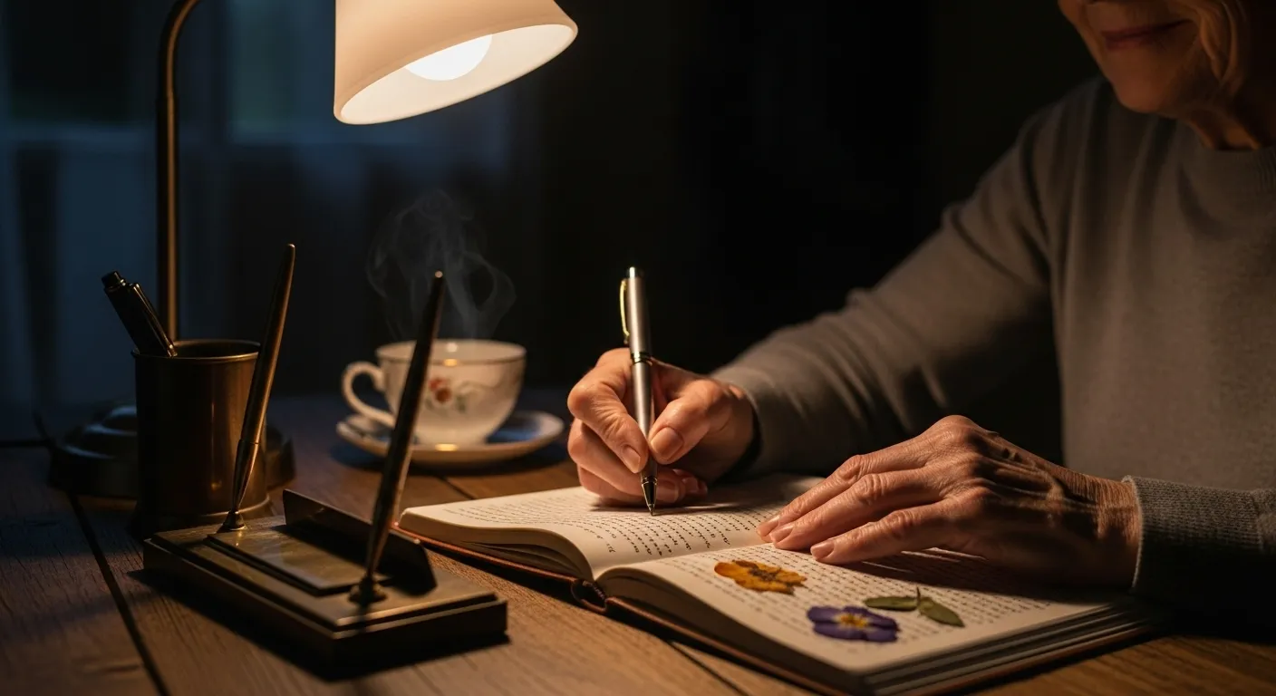 A close-up of a senior woman's hands writing in a journal, warmly lit by a soft lamp in the evening.