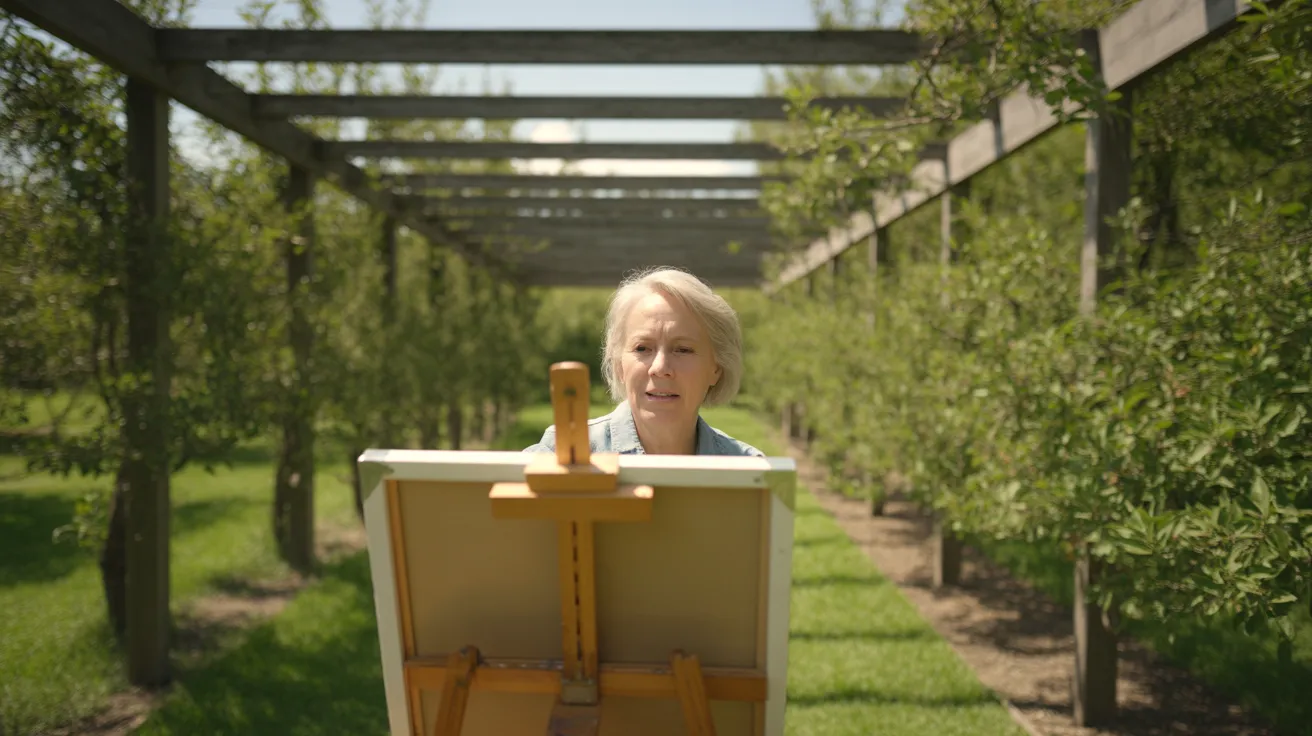 A senior woman painting a landscape in a sun-dappled garden, seen from a wide angle. Her canvas shows a path through an apple orchard.