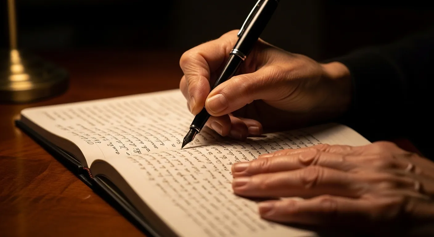 A close-up of a senior's hands writing in a notebook on a wooden table, lit by the warm glow of an evening lamp.