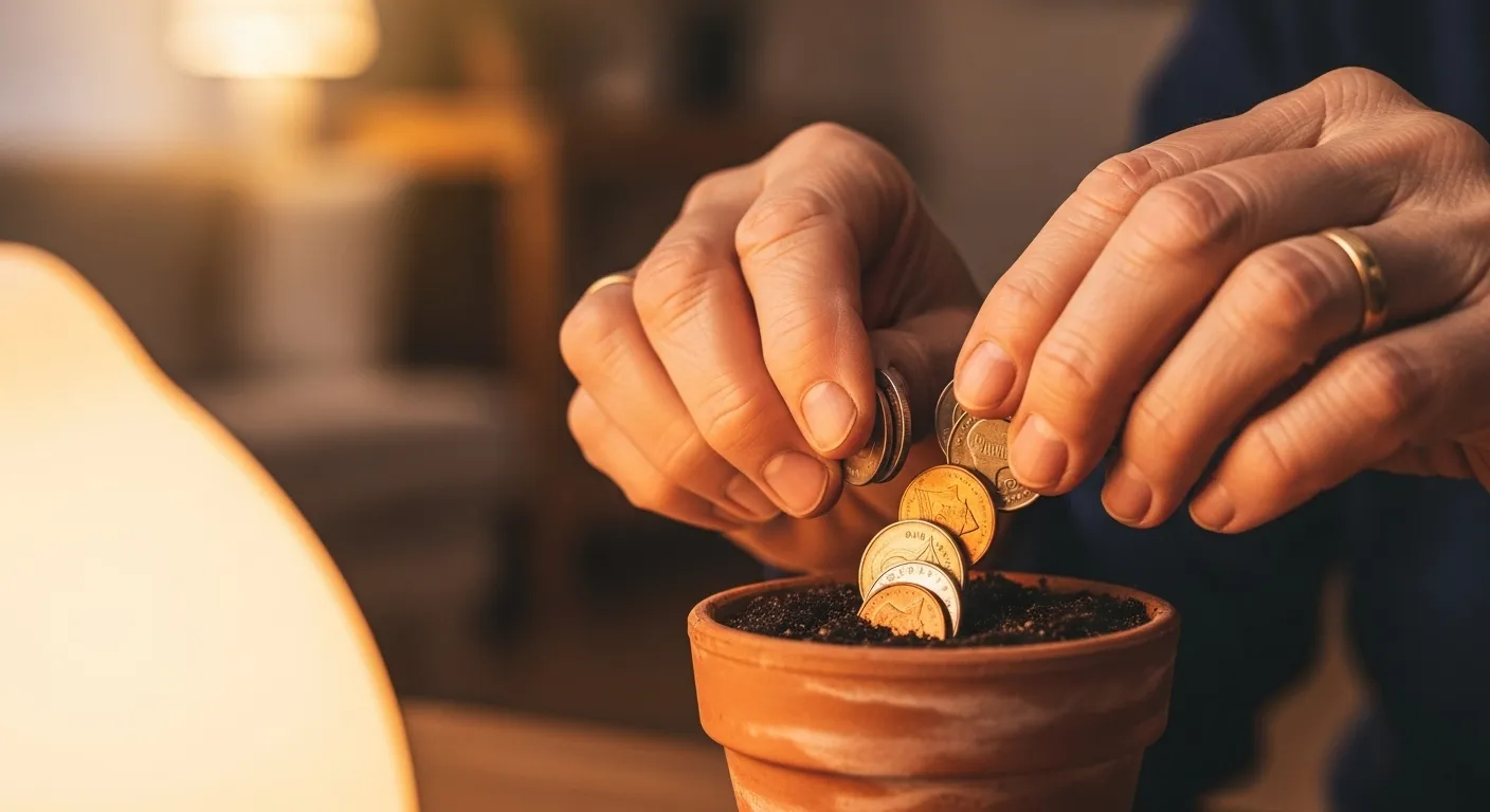 A close-up of a senior's hands putting coins into a small gardening pot, illuminated by warm lamplight, symbolizing savings for a hobby.