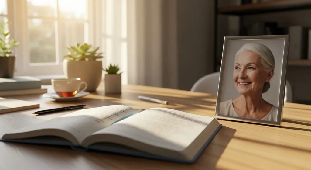A wide view of a desk with an open journal and a framed close-up photo of a smiling senior woman, illuminated by morning sunlight.