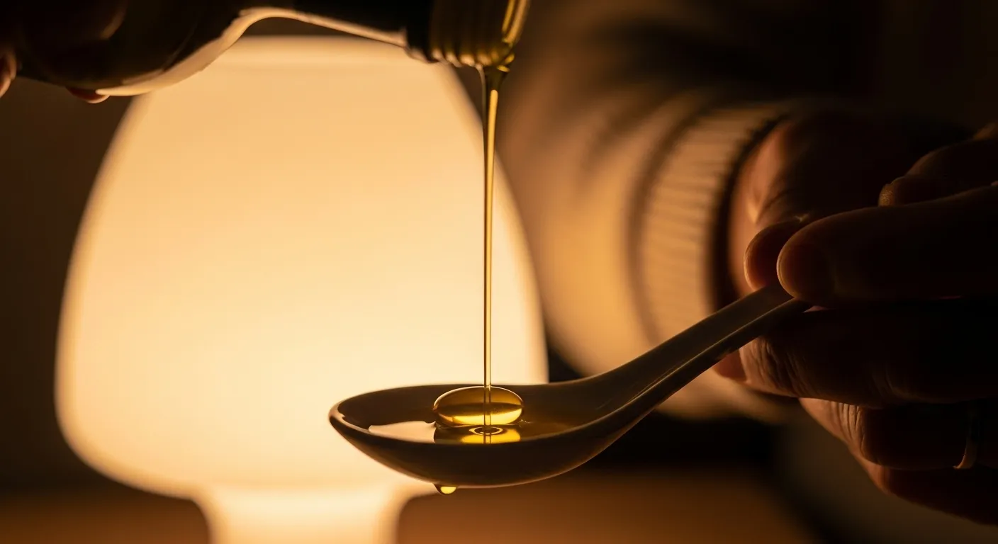 Close-up of a senior's hands pouring olive oil onto a vitamin D capsule in a spoon, illuminated by the warm light of a nearby lamp.