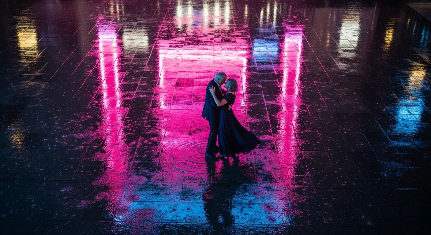 An older couple, viewed from directly above, dances closely on a rain-slicked city plaza illuminated by colorful neon signs at night.