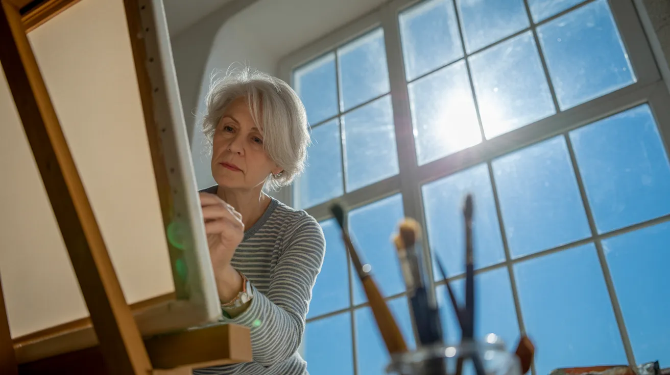 An older woman in her sunlit art studio, focused on painting a large canvas on an easel. Bright sunlight creates strong shadows on the floor.