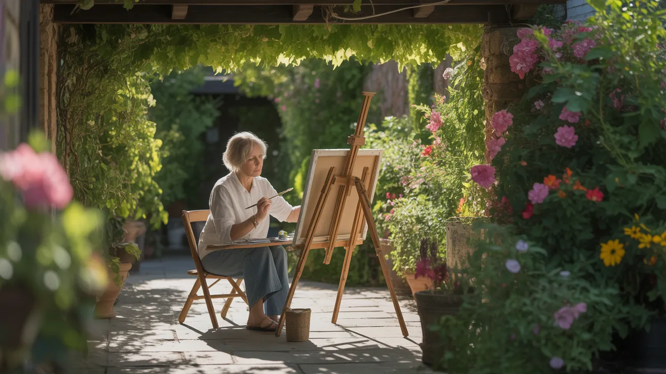An elderly woman paints at an easel in a vibrant garden. An ultra-wide shot captures the scene under the dappled light of the midday sun.