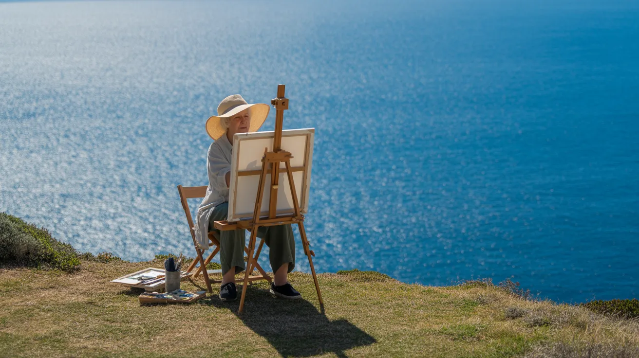 An older woman in a sun hat paints on an easel on a cliff. The ultra-wide view shows the expansive ocean under a bright midday sun.