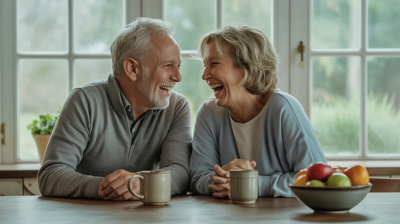 An older man and woman laugh together while sitting opposite each other at a kitchen table with coffee mugs and a fruit bowl.