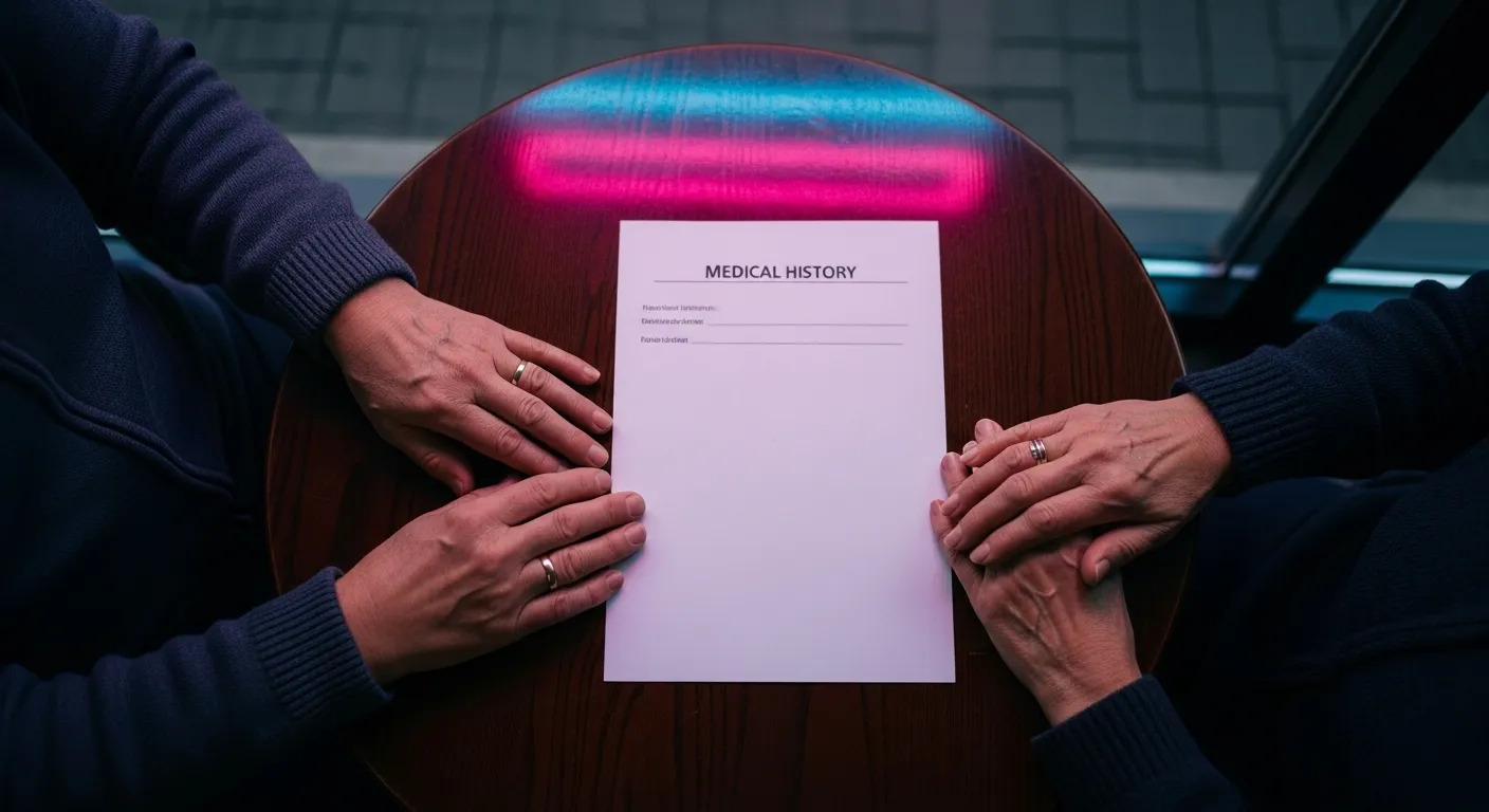 An overhead view of an older couple's hands resting supportively over a blank form on a table, bathed in the soft, colorful light of a neon sign at ni