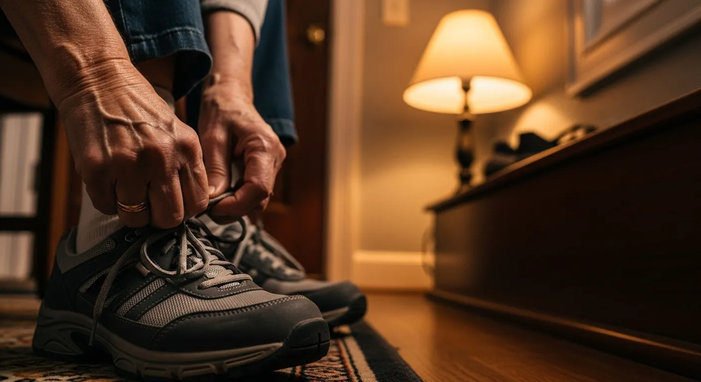 A close-up of an older person's hands carefully tying the laces of a clean pair of athletic shoes, lit by a warm evening lamp.