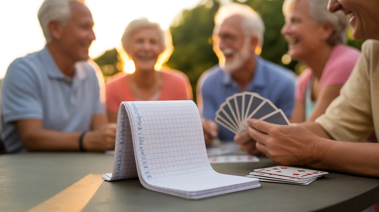 A close-up of a notepad and playing cards on a sunlit table, with a blurred background of older friends enjoying a card game at sunset.