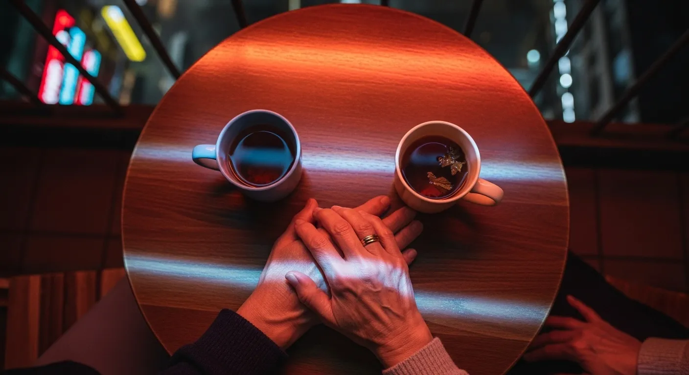 An overhead, detailed shot of an older couple's hands holding each other across a small table on a balcony at night, bathed in soft neon light.