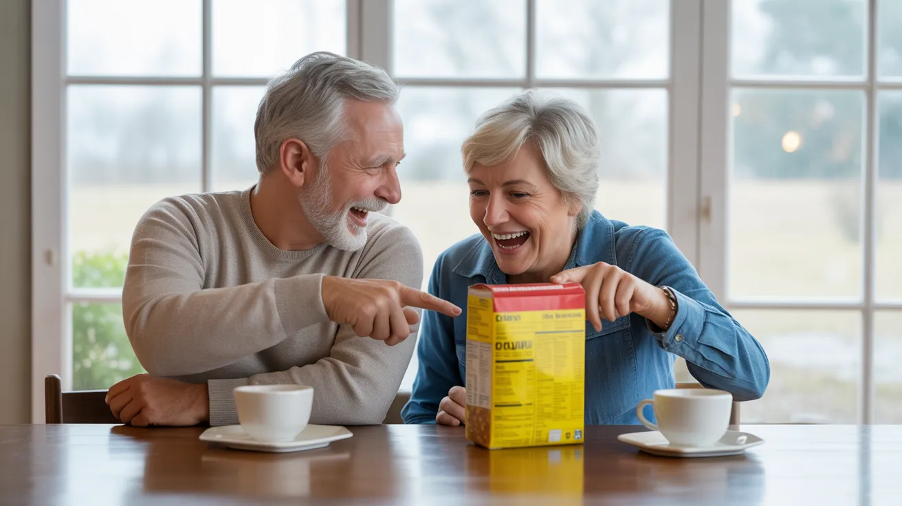 An older man and woman sit at a bright kitchen table, smiling as they examine the nutrition facts on a box of cereal together.