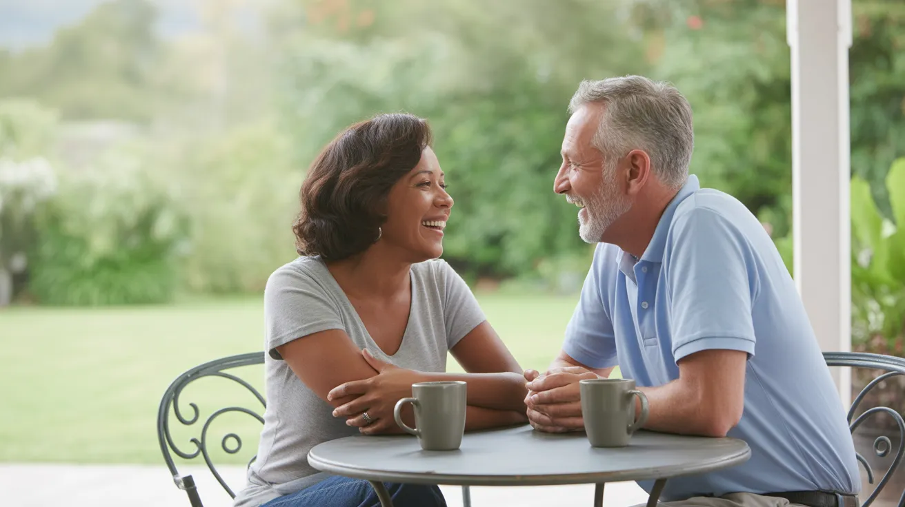 A senior couple, a woman and a man, laugh together while sitting at a table with coffee on a brightly lit covered porch.