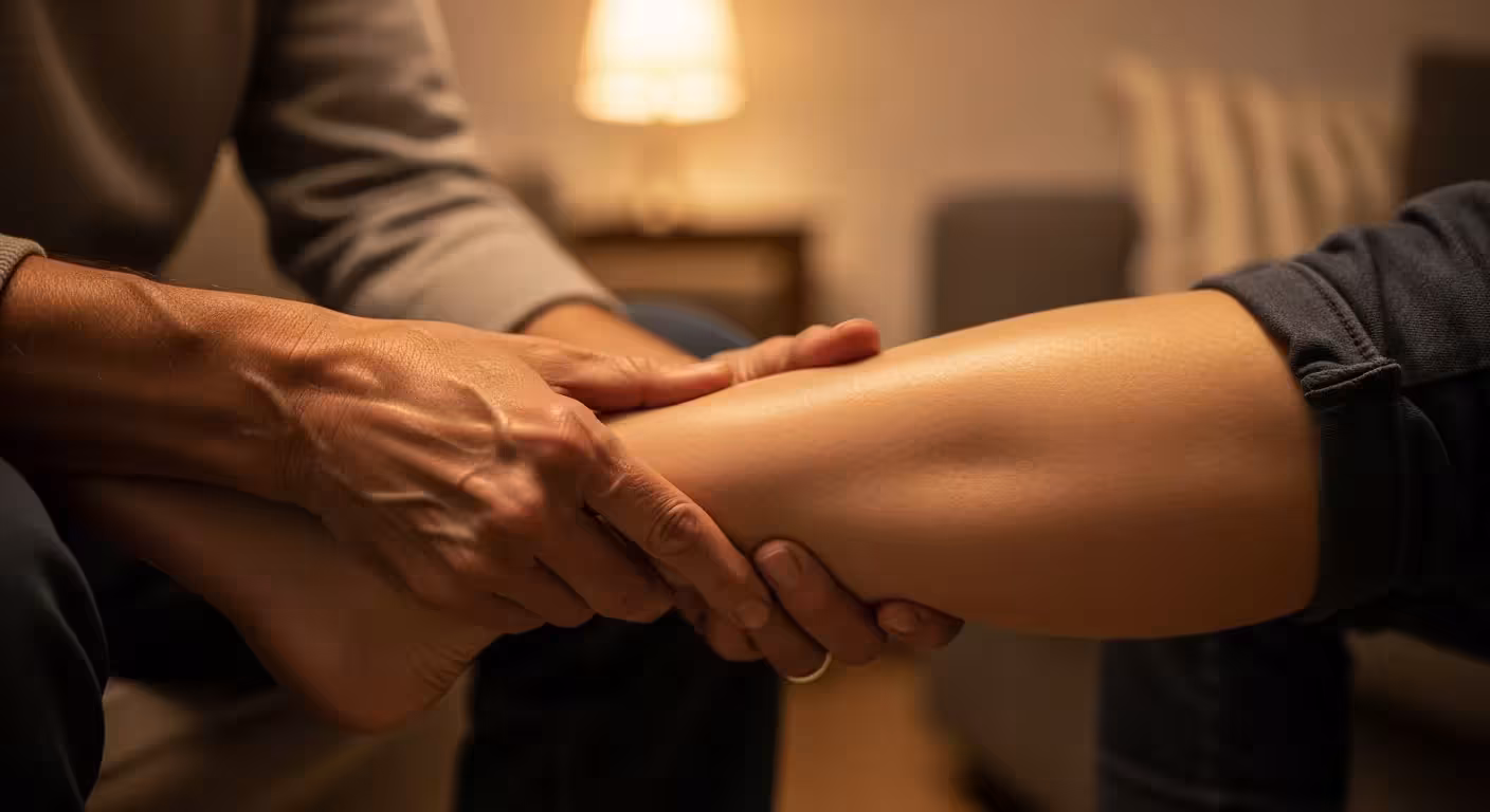 Close-up of an older person's hands tenderly rubbing their lower leg in a warmly lit room, suggesting a self-care routine.