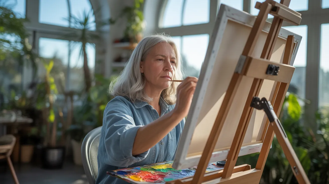An older woman in a sunlit room paints on a canvas. The ultra-wide view shows her entire creative space under harsh midday sun.