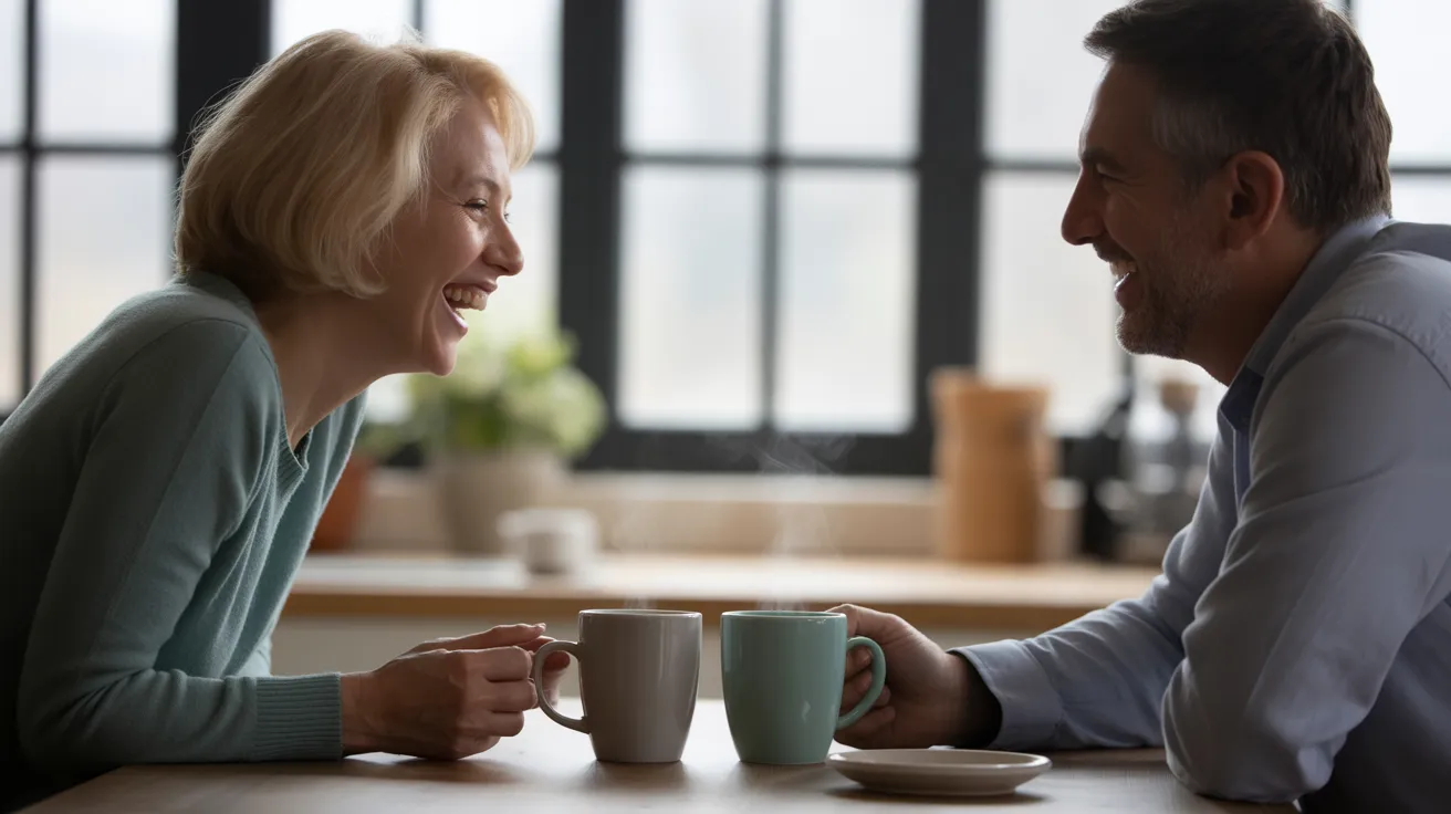 A senior woman in profile laughs while sitting at a kitchen table with a man. Soft, natural light fills the room.