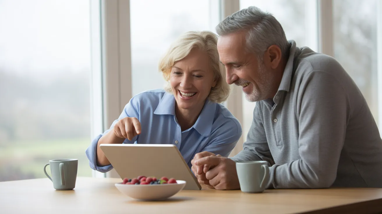 A senior man and woman smile together at their kitchen table, looking at a tablet. The room is bright with natural light.