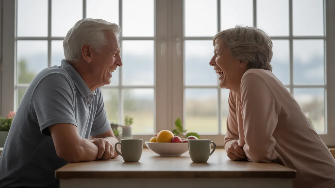 A senior man and woman laugh together while sitting across from each other at a brightly lit kitchen table with a bowl of fruit.